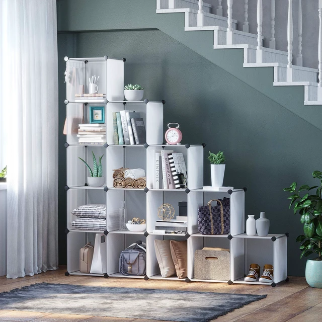Alt view image 2 of 7 - 16 Cube Storage Organizer Cube Shelves Units Storage Cubes, White
Plastic DIY Closet Organizer, Stackble Modular Closet Storage Shelves Ideal for Home, Bedroom, 48.4" L × 12.4" W × 48.4" H