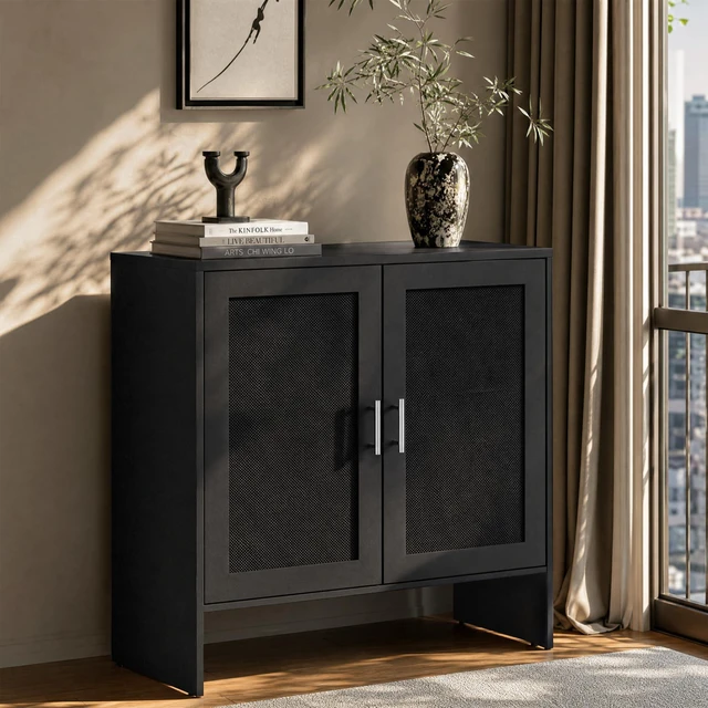 Main image of Buffet Cabinet with Storage, Farmhouse Sideboard with Black Rattan Doors & Adjustable Shelf, 31.5" Narrow Coffee Bar Cabinet, Kitchen Storage Credenza, Entryway Accent Liquor Cabinet