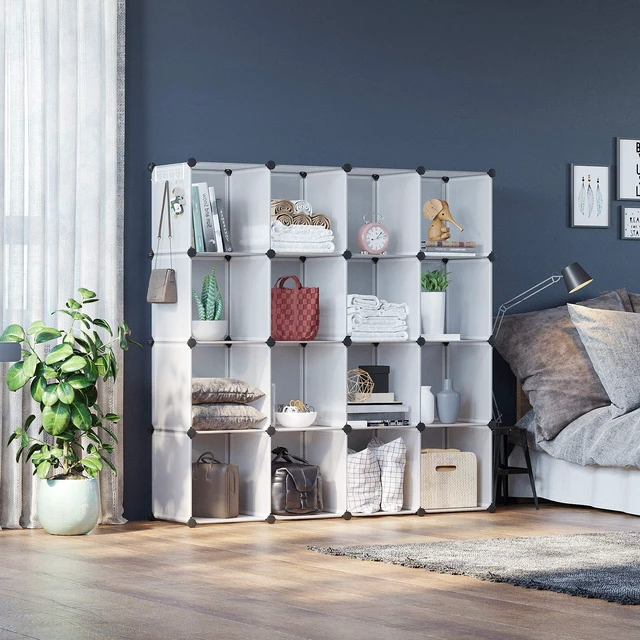 Alt view image 3 of 7 - 16 Cube Storage Organizer Cube Shelves Units Storage Cubes, White
Plastic DIY Closet Organizer, Stackble Modular Closet Storage Shelves Ideal for Home, Bedroom, 48.4" L × 12.4" W × 48.4" H