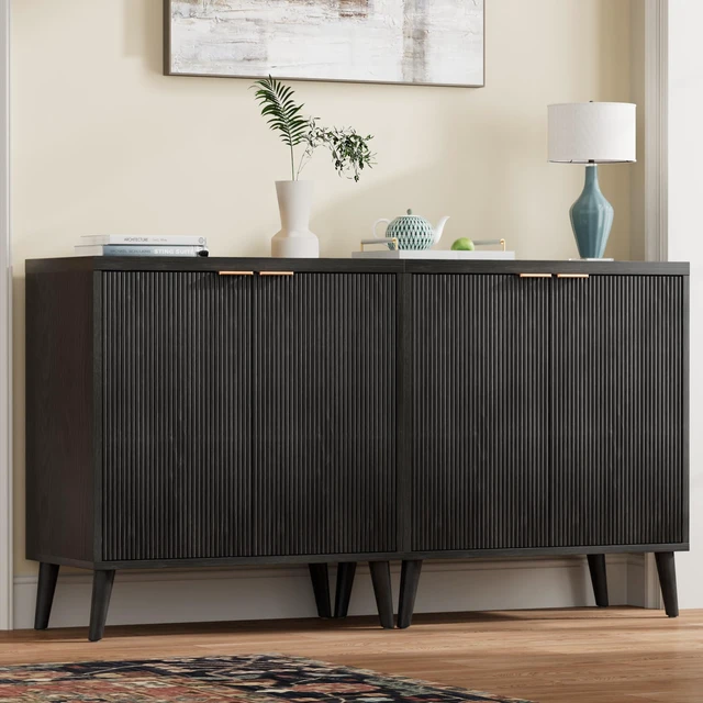 Alt view image 2 of 7 - Fluted Buffet Cabinet with Storage, Modern Sideboard Cabinet
Double Doors, Adjustable Shelf, Accent Buffet Table for Kitchen, Dining Room, Living Room, Entryway & Hallway, Black