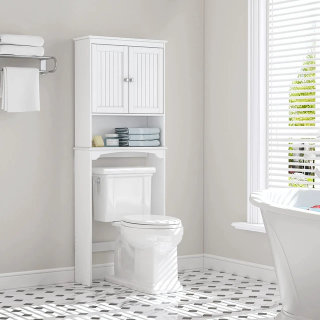 Alt view image 2 of 7 - h Over The Toilet Storage Cabinet with Doors, Bathroom Organizer
White, Adjustable Shelf, Anti-Tip Fitting, FSC-Certified MDF, Beadboard Design, 33.3" Toilet Clearance, Adjustable Crossbar