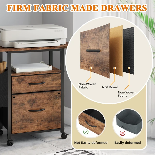 Alt view image 7 of 7 - 2 Drawer File Cabinet 24''W, Mobile Filing Cabinet, Printer Stand
24'' Extended Desktop for Large Printer, Rolling, Side Bag, Fits A4/Letter Size, Home Office, Fabric Drawer, Light Brown