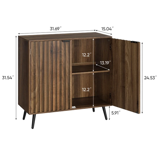 Alt view image 6 of 7 - Fluted Sideboard Cabinet, Freestanding Walnut Buffet Cabinet with Adjustable Shelf, Wood Storage Cabinet for Living Room, Entryway, Hallway