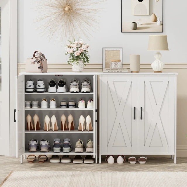 Alt view image 2 of 7 - Farmhouse Shoe Cabinet with 2 Barn Doors & Wood Legs
Tall 4-Tier Shoe Storage Cabinet, 3 Adjustable Shelves, Shoe Rack Organizer, for Entryway, Hallway, Closet, White