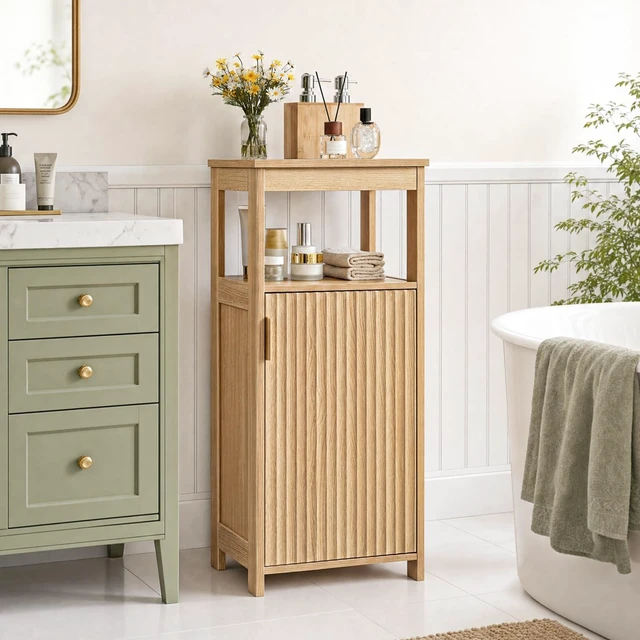 Main image of Bathroom Cabinet, Freestanding Bathroom Storage Cabinet with Door and Shelves, Small Floor Storage Cabinet, Narrow Bathroom Table, Fluted Door, Gold Handle, for Bathroom, Living Room, Natural