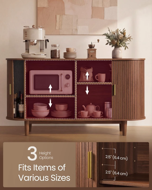 Alt view image 3 of 7 - Storage Cabinet, Sideboard with Adjustable Shelves
Mid-Century Modern Buffet Cabinet, 55.1 x 15.7 x 29.5 Inch, for Living Room, Walnut, MIRIANA Collection ULSC631KX01