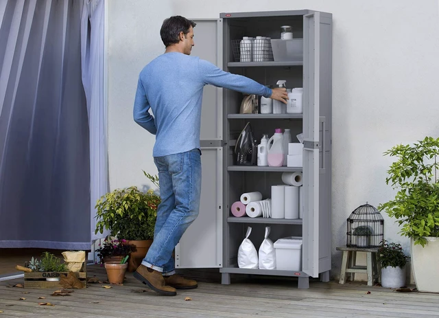 Alt view image 2 of 7 - Storage Cabinet with Doors and Shelves for Laundry Room, Garage, Bathroom Accessories, Closet and Home Organization, White & Grey