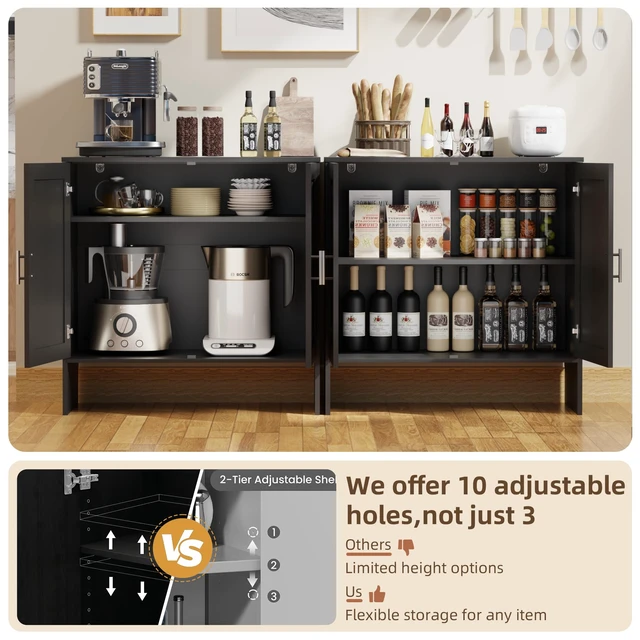 Alt view image 3 of 7 - Buffet Cabinet with Storage, Farmhouse Sideboard with Black Rattan Doors & Adjustable Shelf, 31.5" Narrow Coffee Bar Cabinet, Kitchen Storage Credenza, Entryway Accent Liquor Cabinet