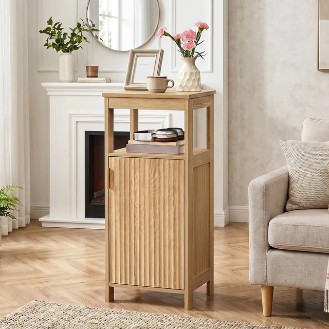 Alt view image 2 of 7 - Bathroom Cabinet, Freestanding Bathroom Storage Cabinet with Door and Shelves, Small Floor Storage Cabinet, Narrow Bathroom Table, Fluted Door, Gold Handle, for Bathroom, Living Room, Natural