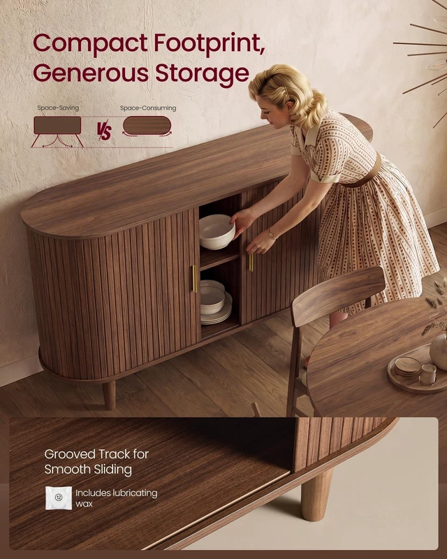 Alt view image 4 of 7 - Storage Cabinet, Sideboard with Adjustable Shelves
Mid-Century Modern Buffet Cabinet, 55.1 x 15.7 x 29.5 Inch, for Living Room, Walnut, MIRIANA Collection ULSC631KX01