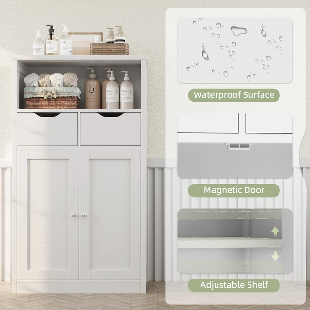 Alt view image 3 of 4 - Bathroom Floor Storage Cabinet with Doors and Drawers
Bathroom Organizer Freestanding Side Cupboard Pantry with Adjustable Shelf, Gray