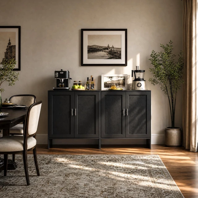 Alt view image 4 of 7 - Buffet Cabinet with Storage, Farmhouse Sideboard with Black Rattan Doors & Adjustable Shelf, 31.5" Narrow Coffee Bar Cabinet, Kitchen Storage Credenza, Entryway Accent Liquor Cabinet