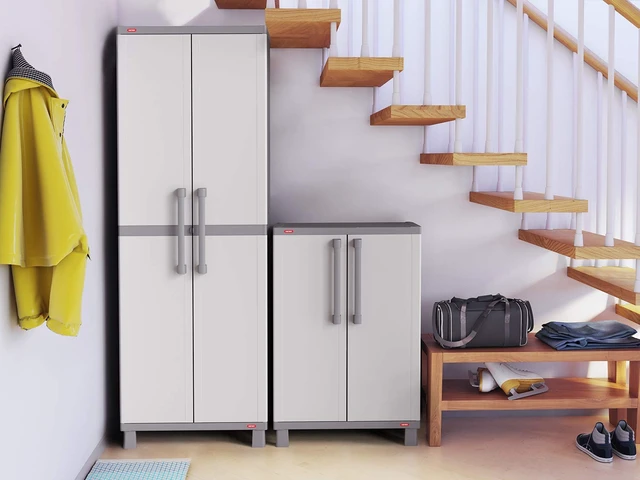 Alt view image 3 of 7 - Storage Cabinet with Doors and Shelves for Laundry Room, Garage, Bathroom Accessories, Closet and Home Organization, White & Grey