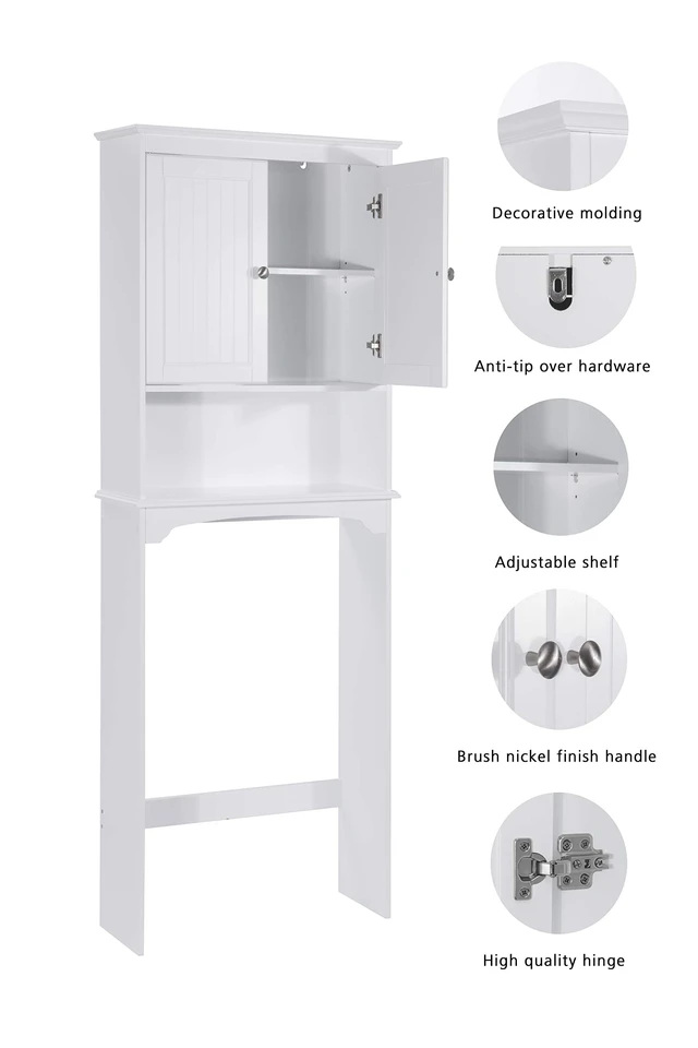 Alt view image 4 of 7 - h Over The Toilet Storage Cabinet with Doors, Bathroom Organizer
White, Adjustable Shelf, Anti-Tip Fitting, FSC-Certified MDF, Beadboard Design, 33.3" Toilet Clearance, Adjustable Crossbar