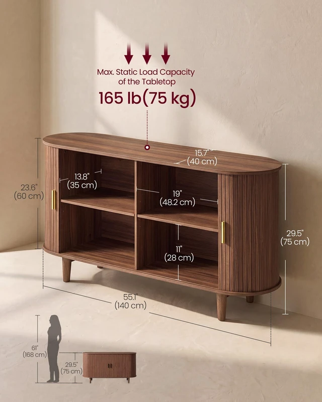 Alt view image 5 of 7 - Storage Cabinet, Sideboard with Adjustable Shelves
Mid-Century Modern Buffet Cabinet, 55.1 x 15.7 x 29.5 Inch, for Living Room, Walnut, MIRIANA Collection ULSC631KX01