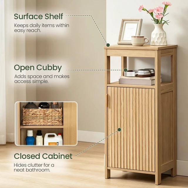 Alt view image 3 of 7 - Bathroom Cabinet, Freestanding Bathroom Storage Cabinet with Door and Shelves, Small Floor Storage Cabinet, Narrow Bathroom Table, Fluted Door, Gold Handle, for Bathroom, Living Room, Natural