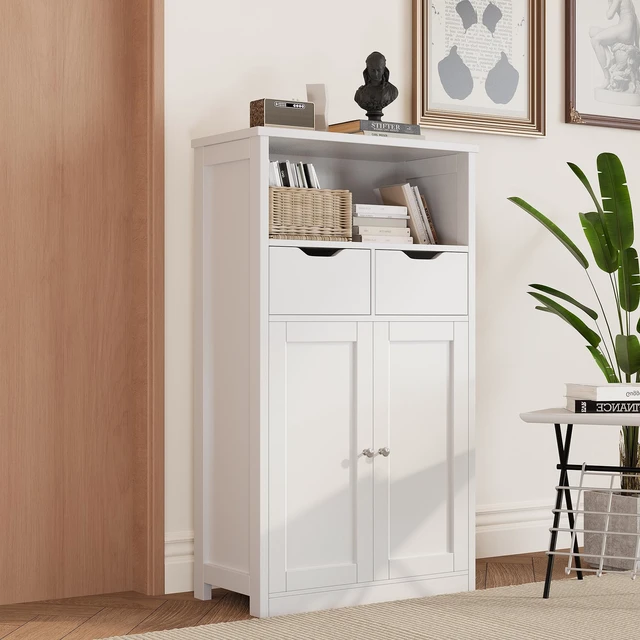 Alt view image 4 of 4 - Bathroom Floor Storage Cabinet with Doors and Drawers
Bathroom Organizer Freestanding Side Cupboard Pantry with Adjustable Shelf, Gray