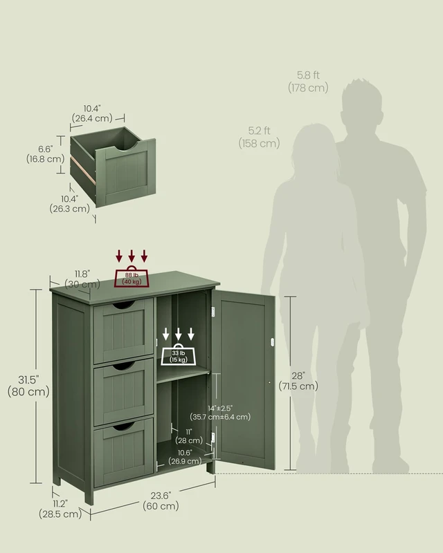 Alt view image 4 of 6 - Bathroom Floor Storage Cabinet, 3 Drawers, Forest Green
Bathroom Storage Unit, 3 Drawers, 23.6"L x 11.8"W x 31.9"H, SOFIE Collection