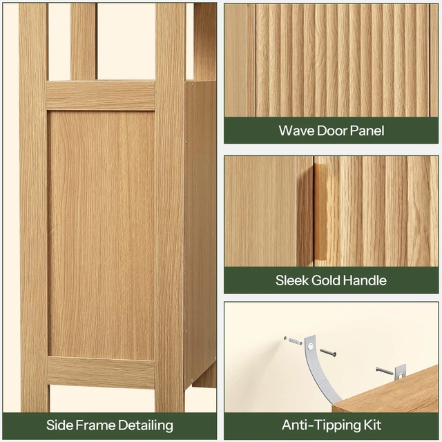 Alt view image 4 of 7 - Bathroom Cabinet, Freestanding Bathroom Storage Cabinet with Door and Shelves, Small Floor Storage Cabinet, Narrow Bathroom Table, Fluted Door, Gold Handle, for Bathroom, Living Room, Natural