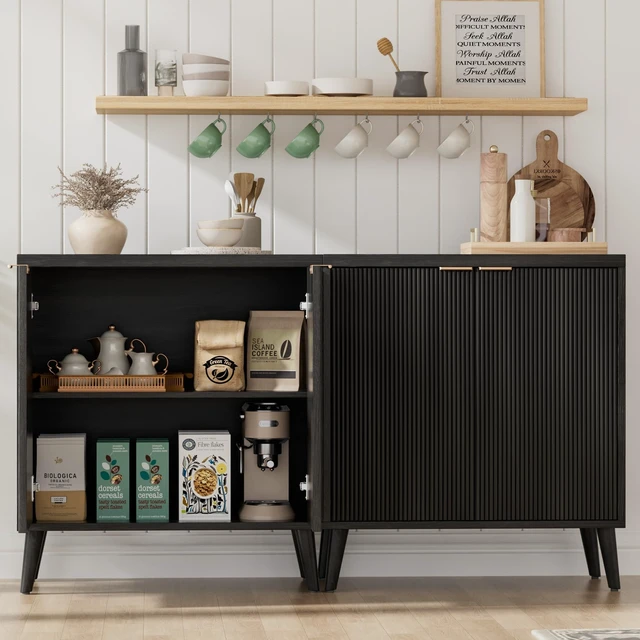 Alt view image 5 of 7 - Fluted Buffet Cabinet with Storage, Modern Sideboard Cabinet
Double Doors, Adjustable Shelf, Accent Buffet Table for Kitchen, Dining Room, Living Room, Entryway & Hallway, Black