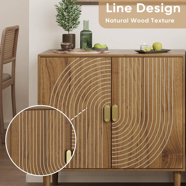 Alt view image 3 of 7 - Smuxee Walnut Sideboard Cabinet, Freestanding Buffet Cabinet with Line Groove Design, Wood Storage Cabinet with Adjustable Shelf for Living Room, Entryway, Hallway