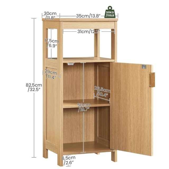 Alt view image 5 of 7 - Bathroom Cabinet, Freestanding Bathroom Storage Cabinet with Door and Shelves, Small Floor Storage Cabinet, Narrow Bathroom Table, Fluted Door, Gold Handle, for Bathroom, Living Room, Natural
