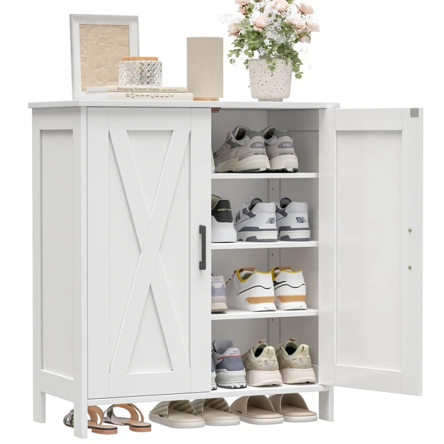 Alt view image 5 of 7 - Farmhouse Shoe Cabinet with 2 Barn Doors & Wood Legs
Tall 4-Tier Shoe Storage Cabinet, 3 Adjustable Shelves, Shoe Rack Organizer, for Entryway, Hallway, Closet, White