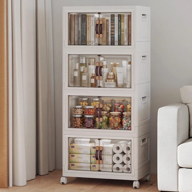 Main image of Stackable Storage Bins with Lid, 208QT Plastic Cabinet with Wheels
Large Capacity, Magnetic Door, Stack Lock, Rolling Wheels, Foldable Design, Organizers and Storage for Bedroom Dorm Garage