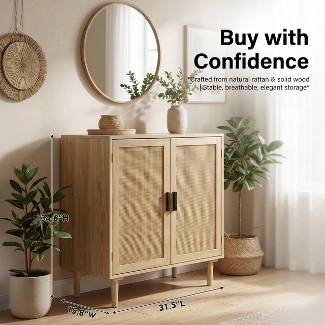 Alt view image 2 of 7 - Sideboard Buffet Cabinet, Kitchen Storage Sideboard with Rattan Decorated Doors, Liquor Coffee Buffet, Dining Room, Hallway, Console Table, Accent