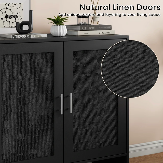 Alt view image 5 of 7 - Buffet Cabinet with Storage, Farmhouse Sideboard with Black Rattan Doors & Adjustable Shelf, 31.5" Narrow Coffee Bar Cabinet, Kitchen Storage Credenza, Entryway Accent Liquor Cabinet