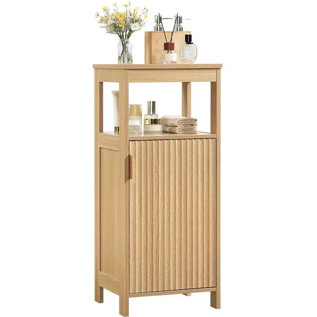 Alt view image 6 of 7 - Bathroom Cabinet, Freestanding Bathroom Storage Cabinet with Door and Shelves, Small Floor Storage Cabinet, Narrow Bathroom Table, Fluted Door, Gold Handle, for Bathroom, Living Room, Natural