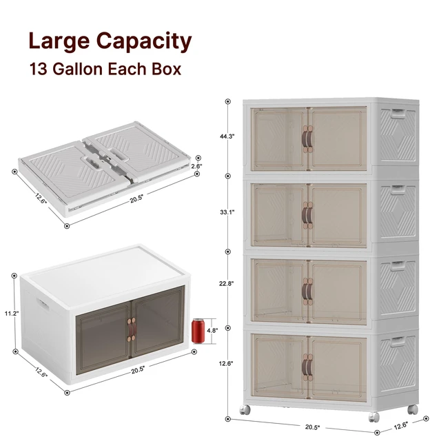Alt view image 2 of 7 - Stackable Storage Bins with Lid, 208QT Plastic Cabinet with Wheels
Large Capacity, Magnetic Door, Stack Lock, Rolling Wheels, Foldable Design, Organizers and Storage for Bedroom Dorm Garage