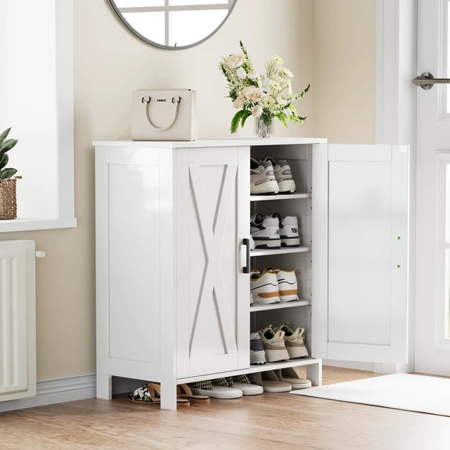Alt view image 6 of 7 - Farmhouse Shoe Cabinet with 2 Barn Doors & Wood Legs
Tall 4-Tier Shoe Storage Cabinet, 3 Adjustable Shelves, Shoe Rack Organizer, for Entryway, Hallway, Closet, White
