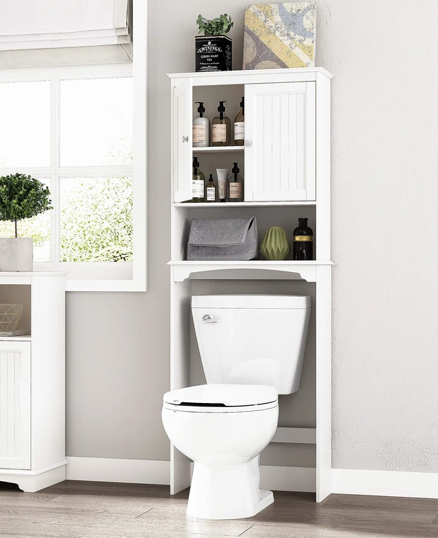 Alt view image 6 of 7 - h Over The Toilet Storage Cabinet with Doors, Bathroom Organizer
White, Adjustable Shelf, Anti-Tip Fitting, FSC-Certified MDF, Beadboard Design, 33.3" Toilet Clearance, Adjustable Crossbar