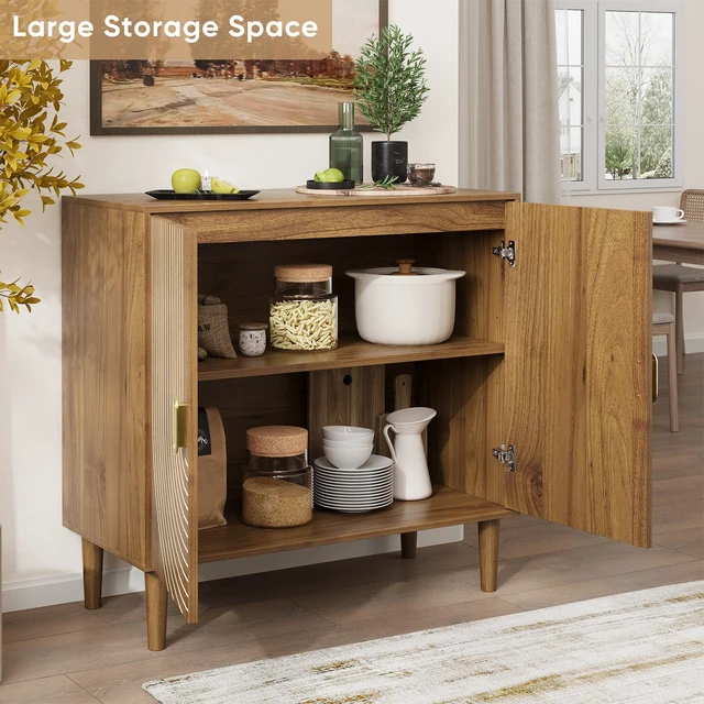 Alt view image 4 of 7 - Smuxee Walnut Sideboard Cabinet, Freestanding Buffet Cabinet with Line Groove Design, Wood Storage Cabinet with Adjustable Shelf for Living Room, Entryway, Hallway
