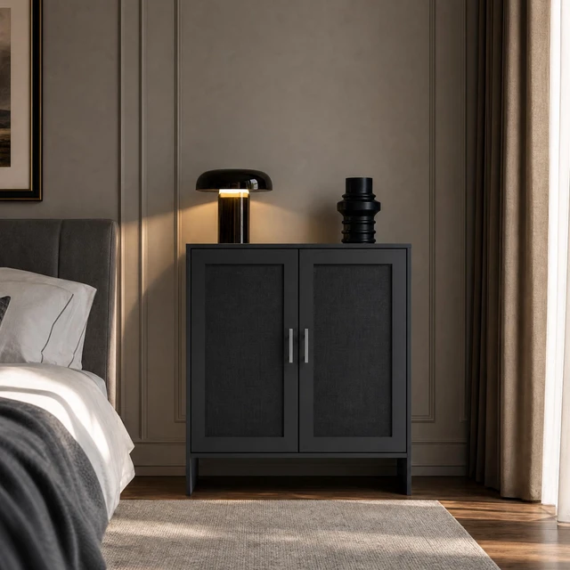 Alt view image 6 of 7 - Buffet Cabinet with Storage, Farmhouse Sideboard with Black Rattan Doors & Adjustable Shelf, 31.5" Narrow Coffee Bar Cabinet, Kitchen Storage Credenza, Entryway Accent Liquor Cabinet