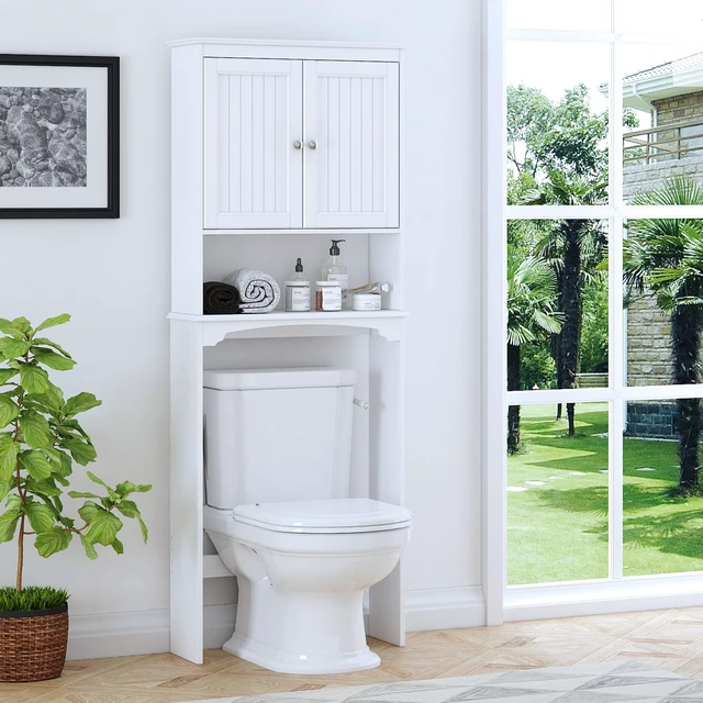 Alt view image 7 of 7 - h Over The Toilet Storage Cabinet with Doors, Bathroom Organizer
White, Adjustable Shelf, Anti-Tip Fitting, FSC-Certified MDF, Beadboard Design, 33.3" Toilet Clearance, Adjustable Crossbar