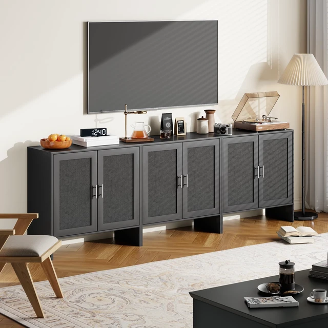Alt view image 7 of 7 - Buffet Cabinet with Storage, Farmhouse Sideboard with Black Rattan Doors & Adjustable Shelf, 31.5" Narrow Coffee Bar Cabinet, Kitchen Storage Credenza, Entryway Accent Liquor Cabinet