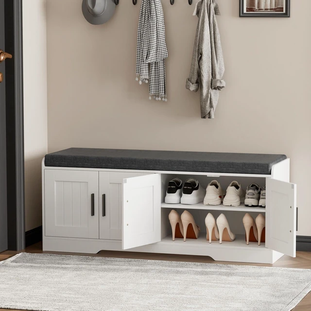 Alt view image 2 of 7 - Shoe Storage Bench, 4 Doors & Thickened Padded Seat Cushion
2-Tier Shoe Bench, Entryway Bench, Adjustable Shelf, 13.8" D x 45.3" W x 18.5" H, for Living Room, Bedroom, White