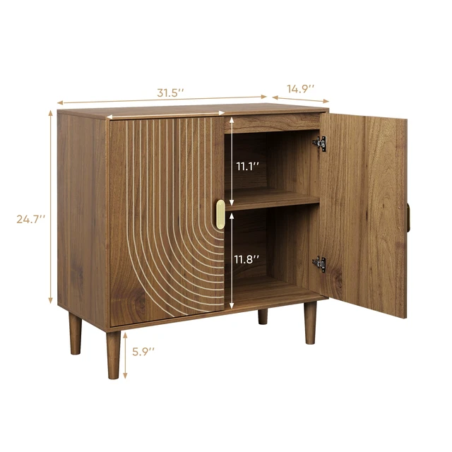 Alt view image 5 of 7 - Smuxee Walnut Sideboard Cabinet, Freestanding Buffet Cabinet with Line Groove Design, Wood Storage Cabinet with Adjustable Shelf for Living Room, Entryway, Hallway