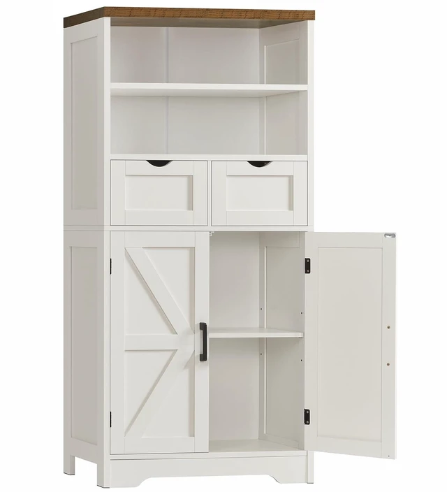 Main image of Storage Cabinet with Doors & 2 Drawers, Kitchen Cabinet with Adjustable Shelf, Pantry Cabinets, Bathroom Cabinets, for Living Room, Entryway, Home Office, White