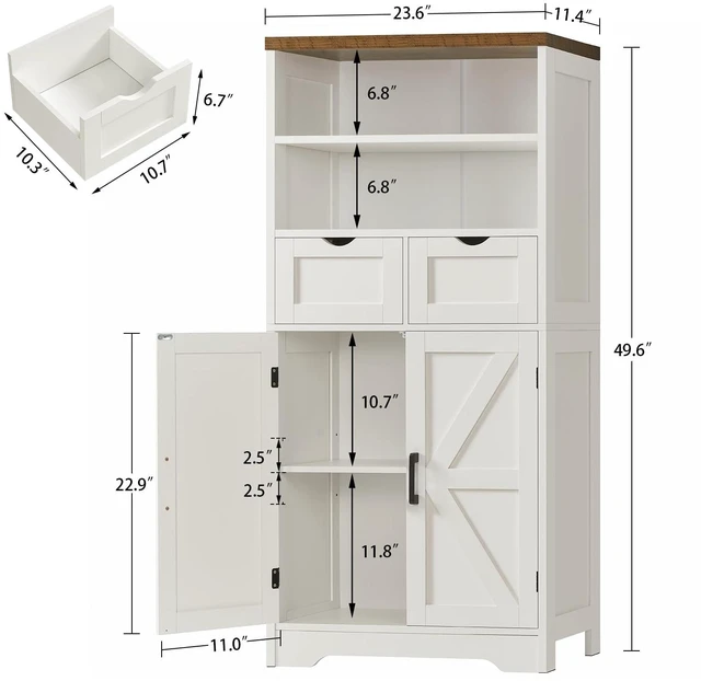 Alt view image 2 of 7 - Storage Cabinet with Doors & 2 Drawers, Kitchen Cabinet with Adjustable Shelf, Pantry Cabinets, Bathroom Cabinets, for Living Room, Entryway, Home Office, White