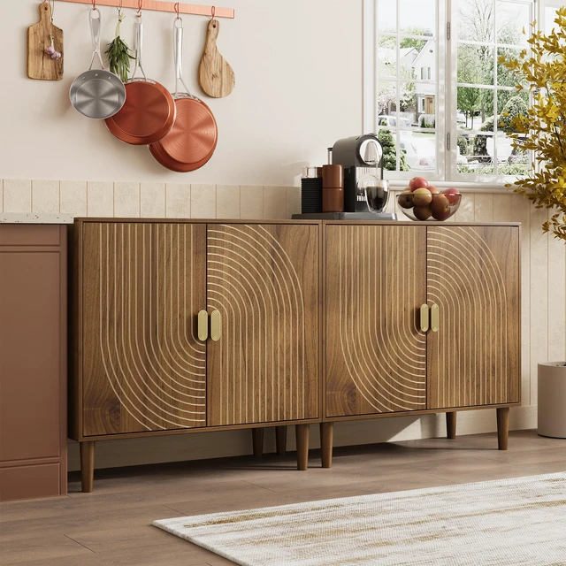 Alt view image 6 of 7 - Smuxee Walnut Sideboard Cabinet, Freestanding Buffet Cabinet with Line Groove Design, Wood Storage Cabinet with Adjustable Shelf for Living Room, Entryway, Hallway