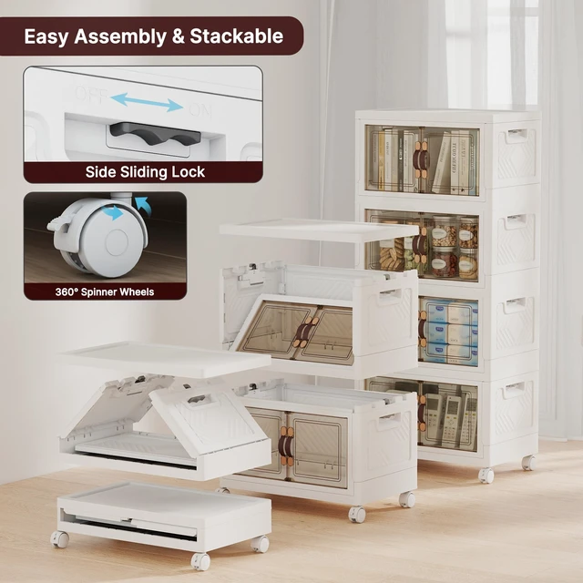 Alt view image 4 of 7 - Stackable Storage Bins with Lid, 208QT Plastic Cabinet with Wheels
Large Capacity, Magnetic Door, Stack Lock, Rolling Wheels, Foldable Design, Organizers and Storage for Bedroom Dorm Garage