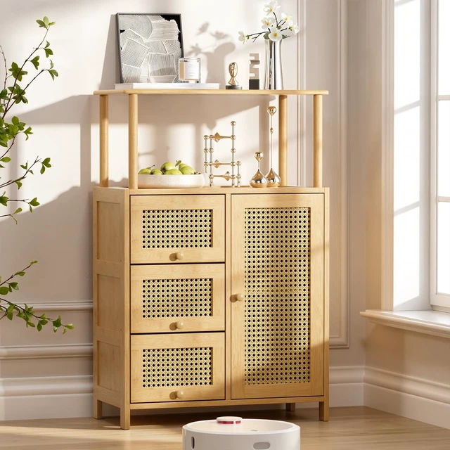 Main image of Sideboard Buffet Cabinet with Storage, Bamboo Storage Cabinets, Rattan Sideboard with Adjustable Shelf, Pantry Cupboard for Kitchen Living Room Entry Coffee Bar, Natural Color