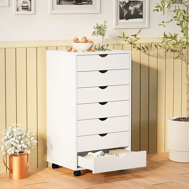 Alt view image 2 of 7 - 7 Drawer Rolling Storage Cabinet with Wheels, Wood Organizer
Fits Under Desk Dresser Chest for Home Office, Bedroom, Small Place, Living Room White