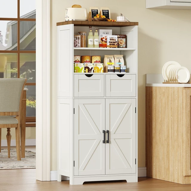 Alt view image 3 of 7 - Storage Cabinet with Doors & 2 Drawers, Kitchen Cabinet with Adjustable Shelf, Pantry Cabinets, Bathroom Cabinets, for Living Room, Entryway, Home Office, White