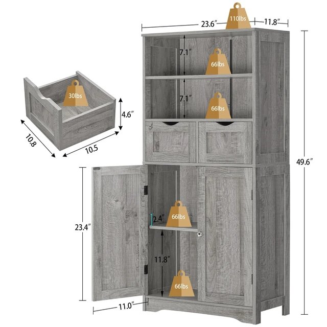 Alt view image 2 of 7 - Storage Cabinet with 2 Drawers & Adjustable Shelf, Tall Bathroom Cabinet with Doors, Cupboard, Kitchen Cabinets for Living Room, Dining Room, Entryway, Grey