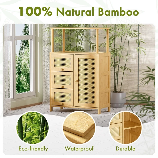 Alt view image 2 of 7 - Sideboard Buffet Cabinet with Storage, Bamboo Storage Cabinets, Rattan Sideboard with Adjustable Shelf, Pantry Cupboard for Kitchen Living Room Entry Coffee Bar, Natural Color