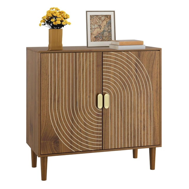 Alt view image 7 of 7 - Smuxee Walnut Sideboard Cabinet, Freestanding Buffet Cabinet with Line Groove Design, Wood Storage Cabinet with Adjustable Shelf for Living Room, Entryway, Hallway
